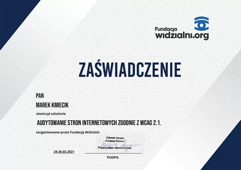 Certyfikat Audytowanie stron internetowych zgodnie z WCAG 2.1 Marek Kmiecik